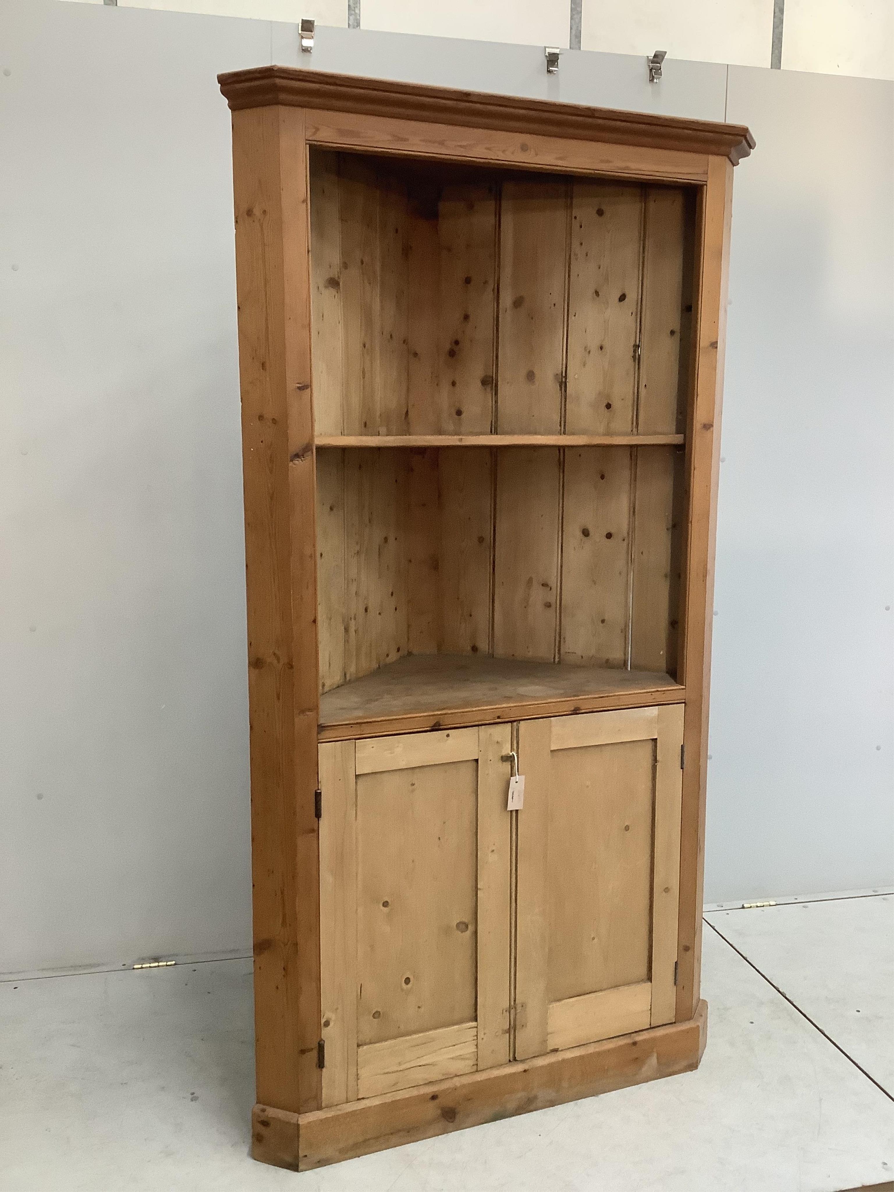 A 19th century pine standing corner cupboard, width 106cm, depth 52cm, height 199cm. Condition - fair